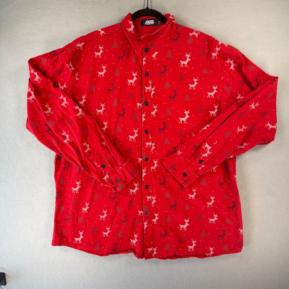 Men's XXL Red Christmas Button Up Shirt Reindeer Tree Holiday Festive Novelty